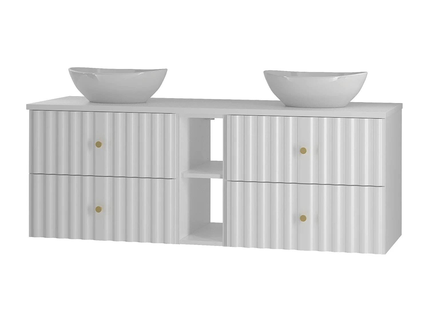 Biały Zestaw Łazienkowy 140cm Szafka z Blatem Umywalka Regał Ryflowane Frony Aqua