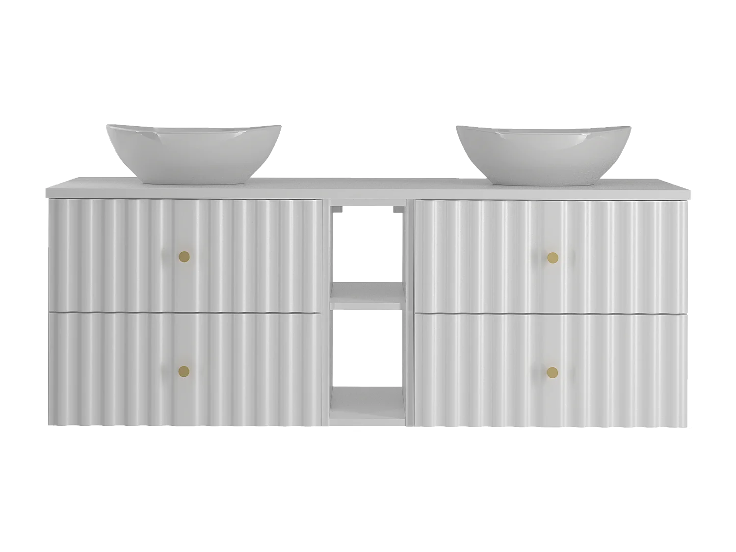 Biały Zestaw Łazienkowy 140cm Szafka z Blatem Umywalka Regał Ryflowane Frony Aqua