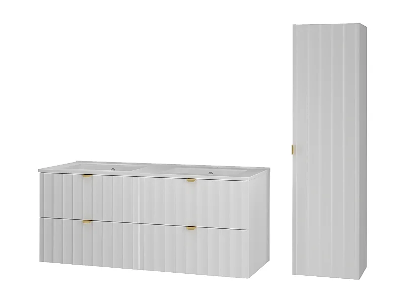 Weiß Badezimmer Set 120cm Badezimmerschrank mit Waschbecken und Hochschrank geriffelte Fronten Arcos