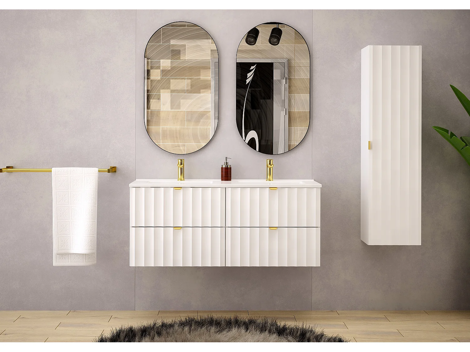 Ensemble de salle de bain blanc 120 cm Meuble avec lavabo Colonne Façades rainurées Arcos