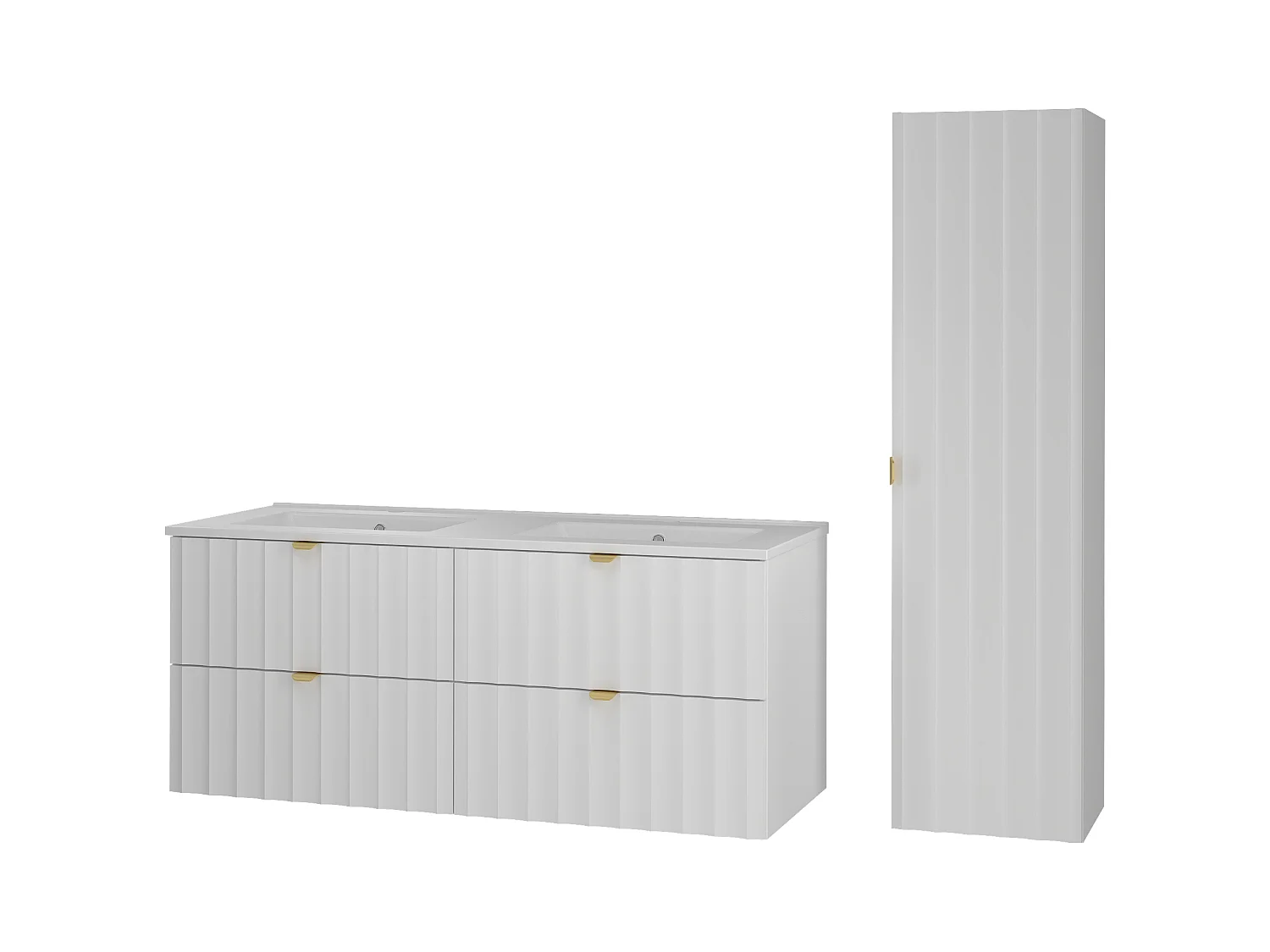 Witte badkamerset 120 cm Kast met wastafel Kolom Geribbelde fronten Arcos