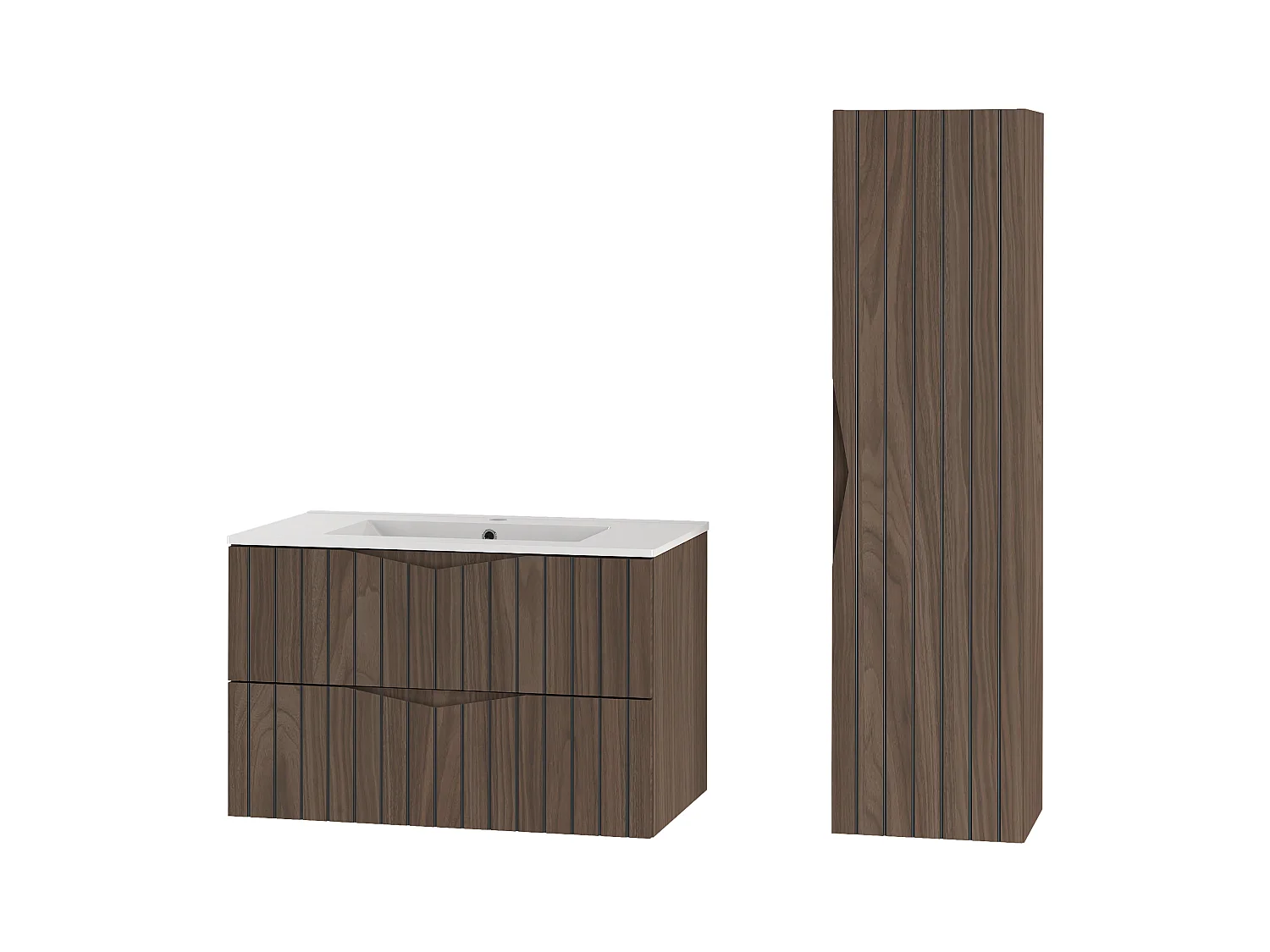 Ensemble de salle de bain 80 cm Armoire avec lavabo Colonne Façades rainurées Chêne Noyer Stella