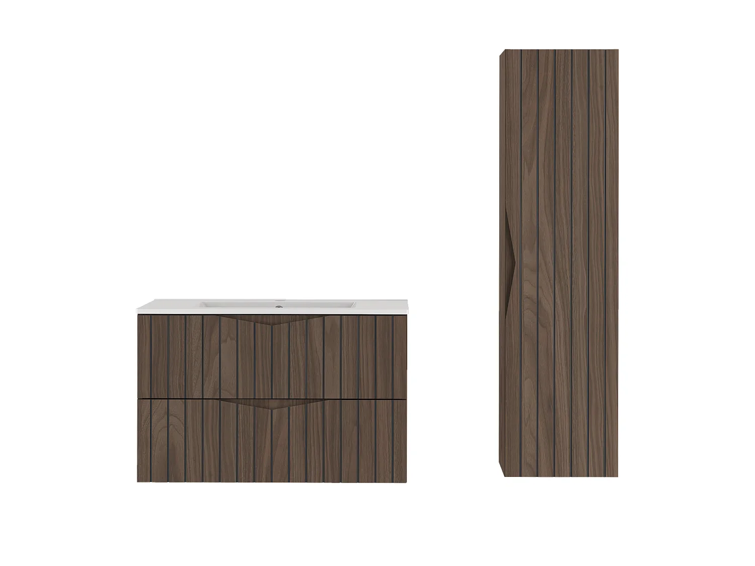 Ensemble de salle de bain 80 cm Armoire avec lavabo Colonne Façades rainurées Chêne Noyer Stella