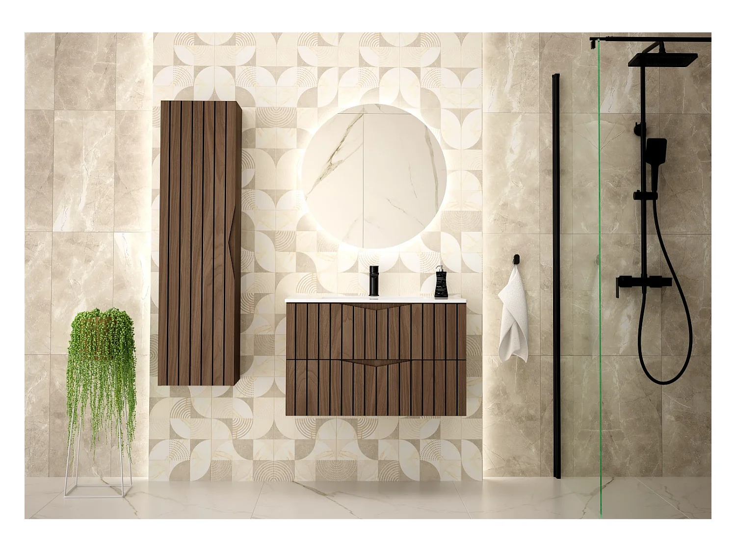 Ensemble de salle de bain 80 cm Armoire avec lavabo Colonne Façades rainurées Chêne Noyer Stella
