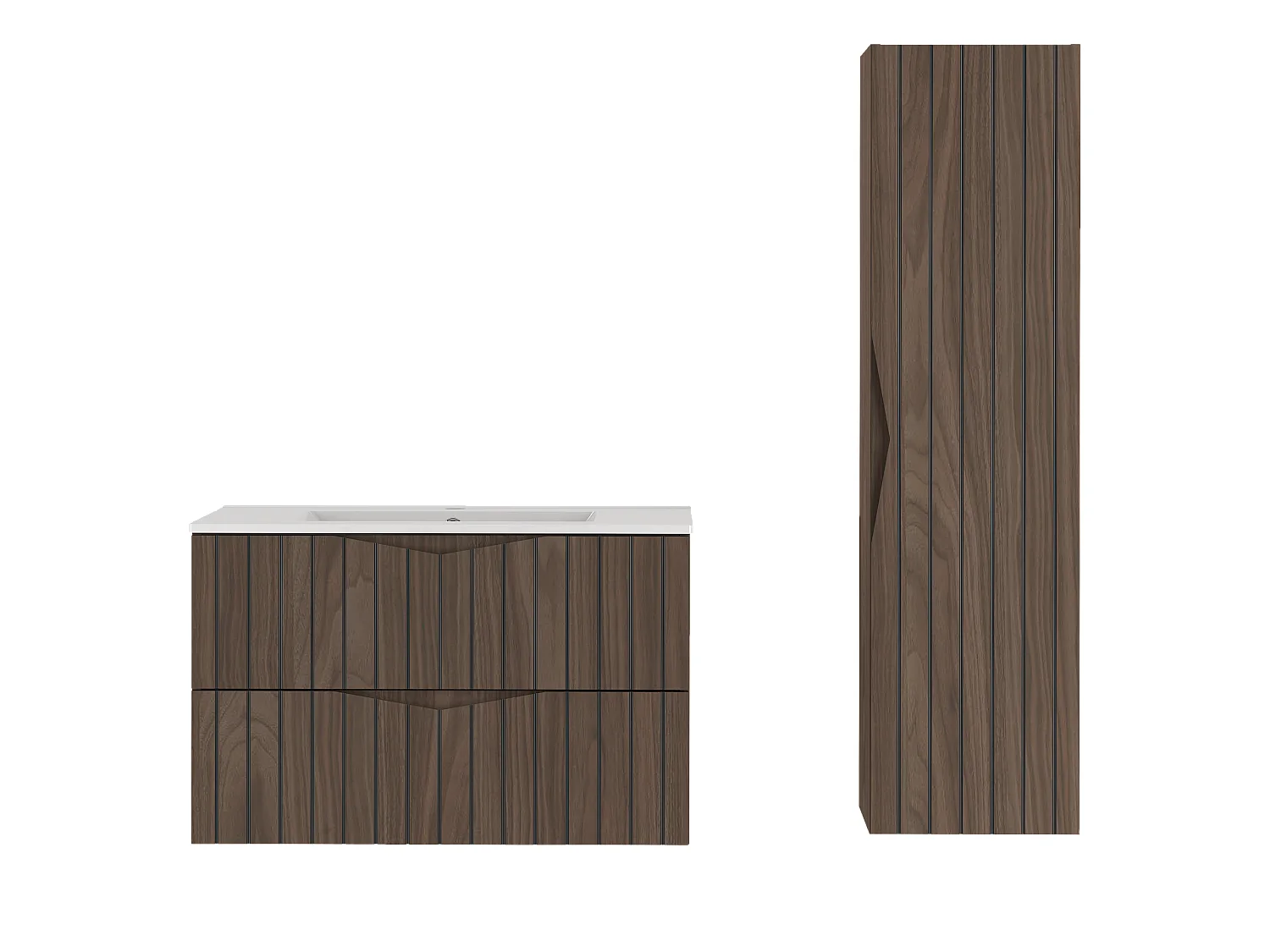 Ensemble de salle de bain 80 cm Armoire avec lavabo Colonne Façades rainurées Chêne Noyer Stella