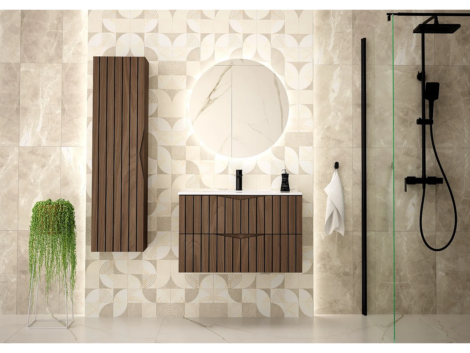 Ensemble de salle de bain 80 cm Armoire avec lavabo Colonne Façades rainurées Chêne Noyer Stella