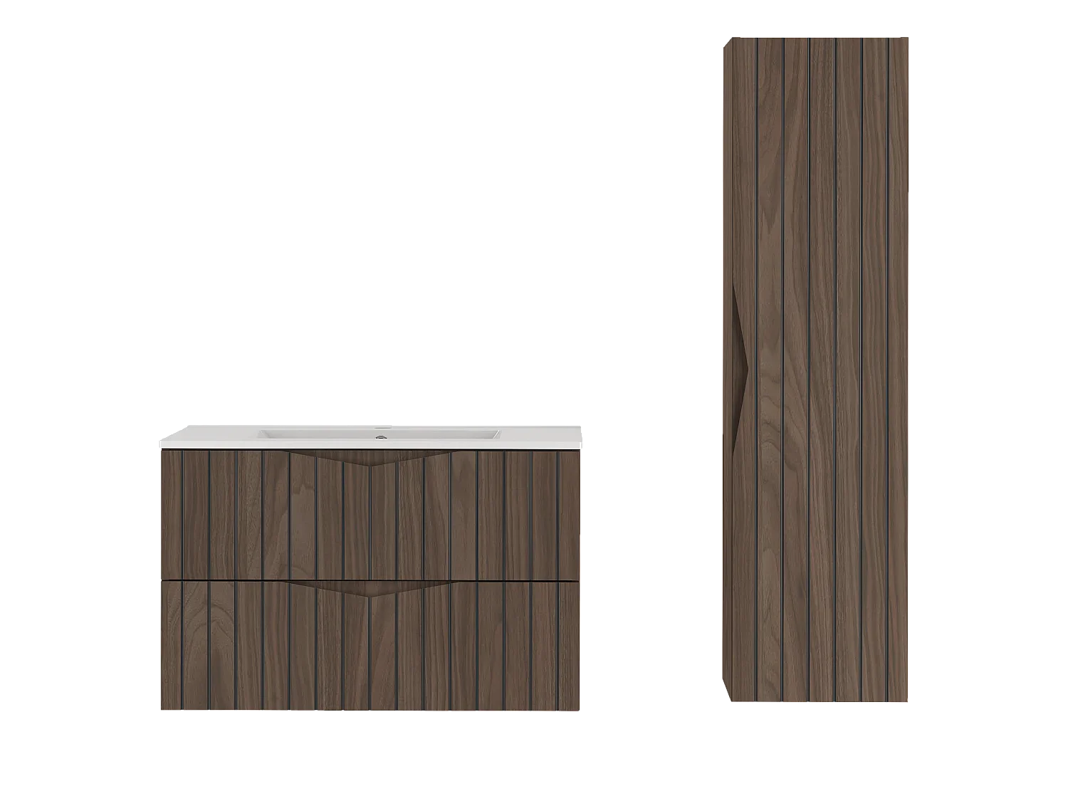 Ensemble de salle de bain 80 cm Armoire avec lavabo Colonne Façades rainurées Chêne Noyer Stella