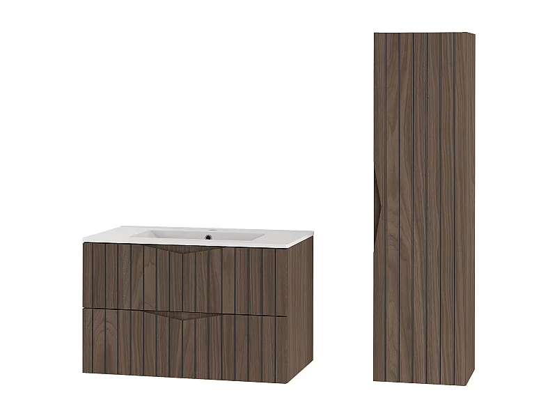 Badkamerset 80 cm Kast met wastafel Kolom Geribbelde fronten Eiken Noten Stella