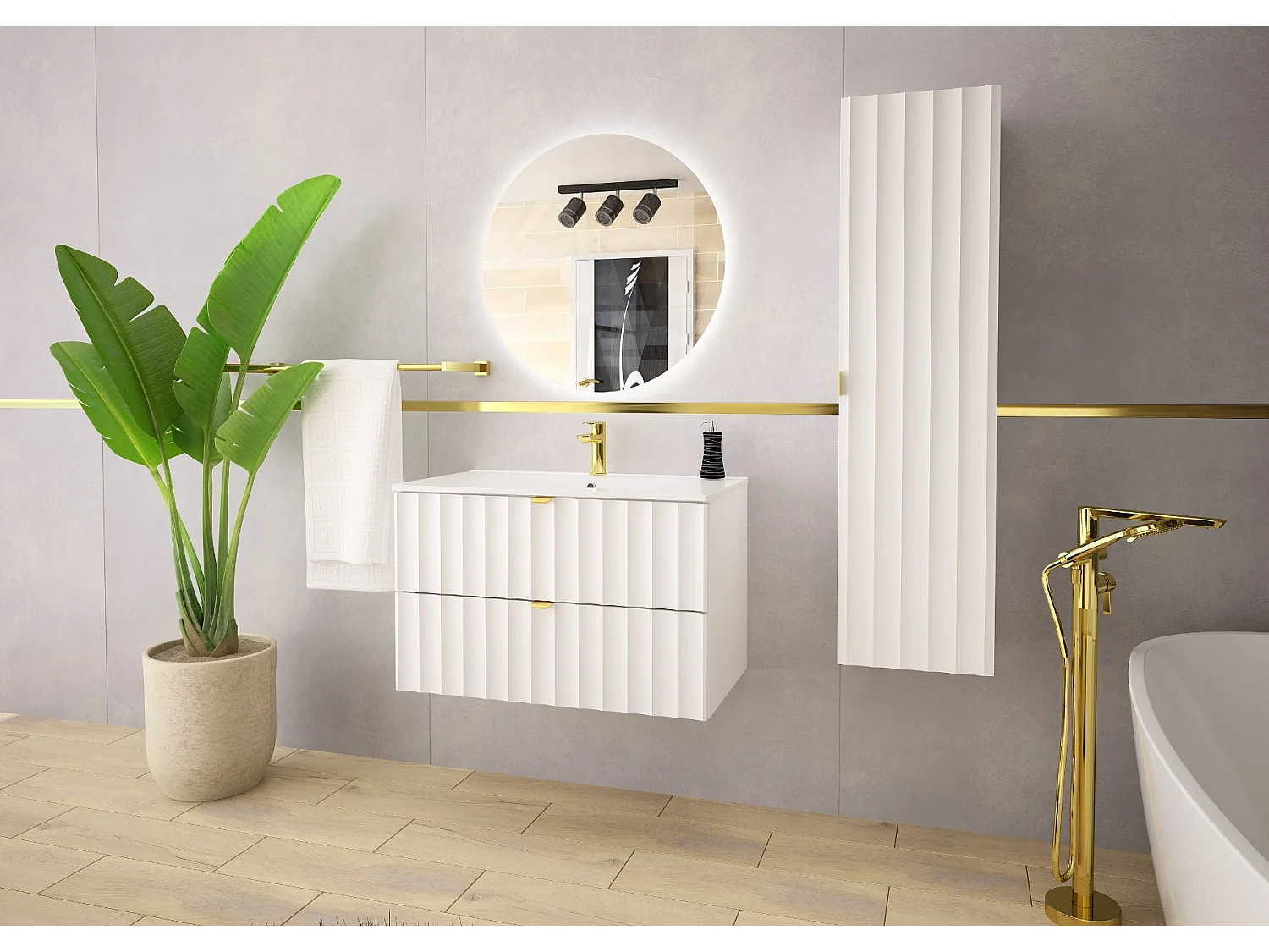 Ensemble de salle de bain blanc 80 cm Meuble avec lavabo Façades rainurées Arcos