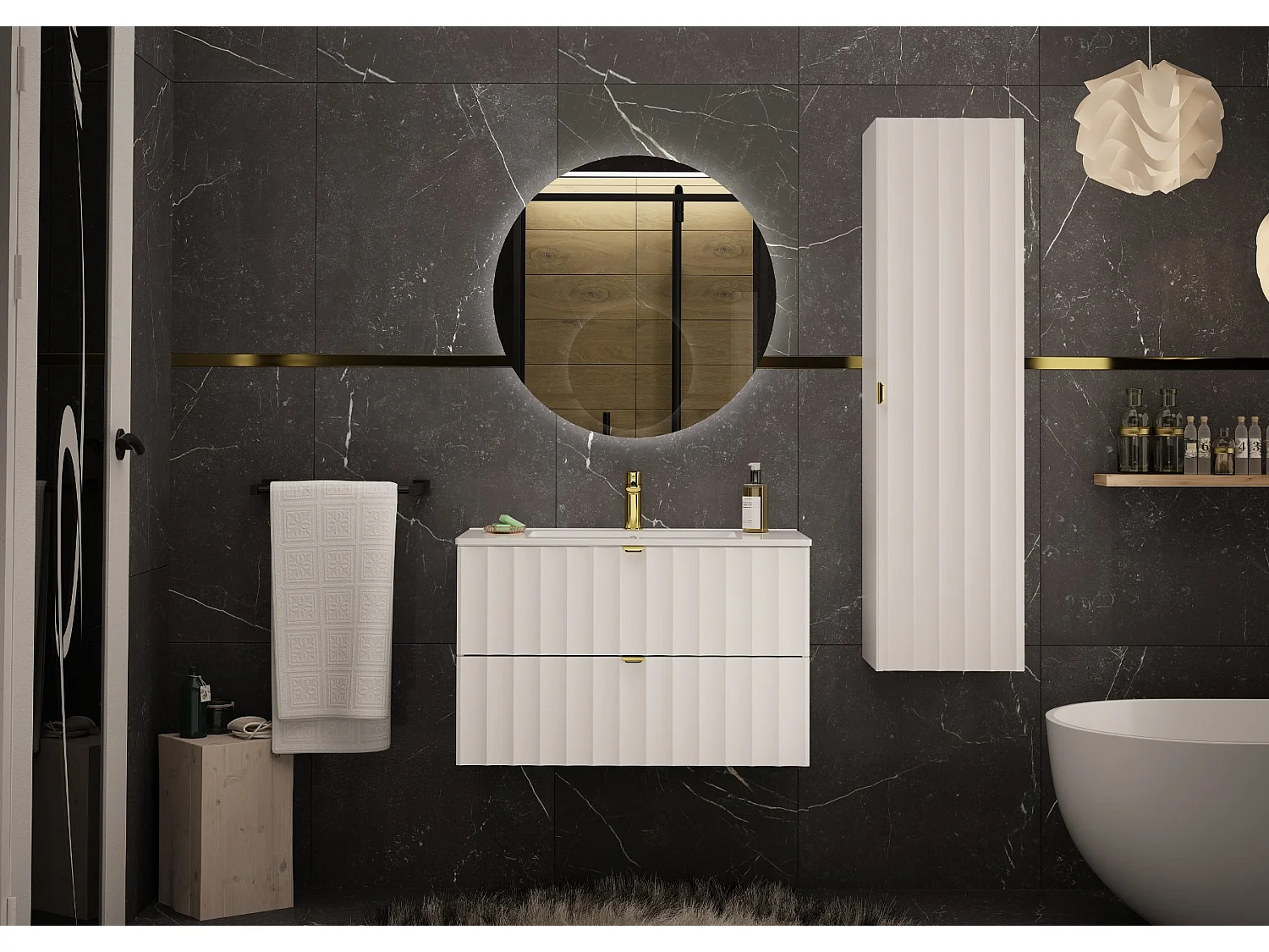 Ensemble de salle de bain blanc 80 cm Meuble avec lavabo Façades rainurées Arcos