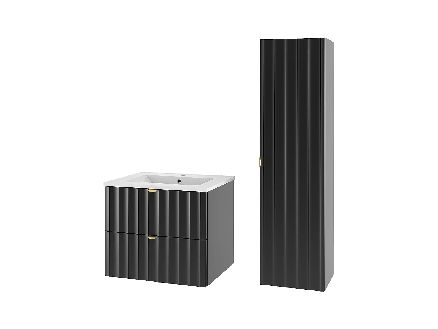 Zwarte badkamerset 60 cm Kast met wastafel Kolom Geribbelde fronten Arcos