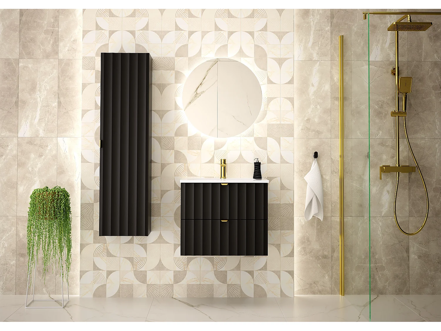 Ensemble de salle de bain noir 60 cm Meuble avec lavabo Colonne Façades rainurées Arcos