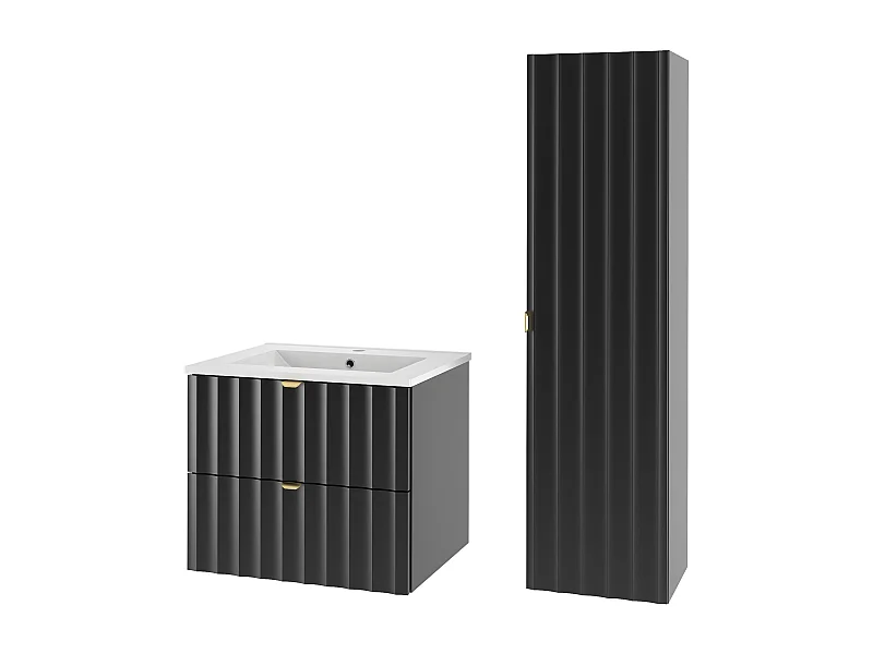 Ensemble de salle de bain noir 60 cm Meuble avec lavabo Colonne Façades rainurées Arcos