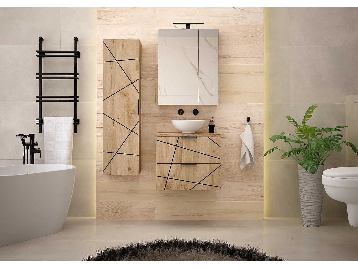 Ensemble de salle de bain 60 cm Meuble avec plan de travail Lavabo Chêne Wotan Wood