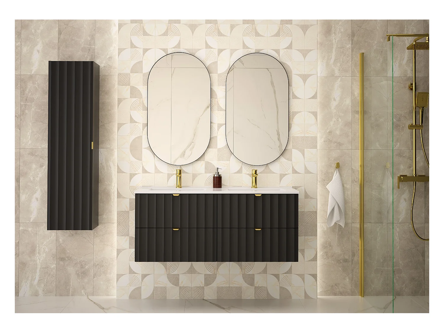 Ensemble de salle de bain noir 120 cm Meuble avec lavabo Façades rainurées Arcos