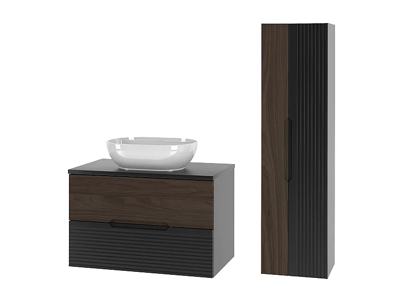 Badezimmer-Set 80 cm Schrank mit Waschtisch und Waschbecken und Hochschrank Schwarz Matt / Nussbaum Avella