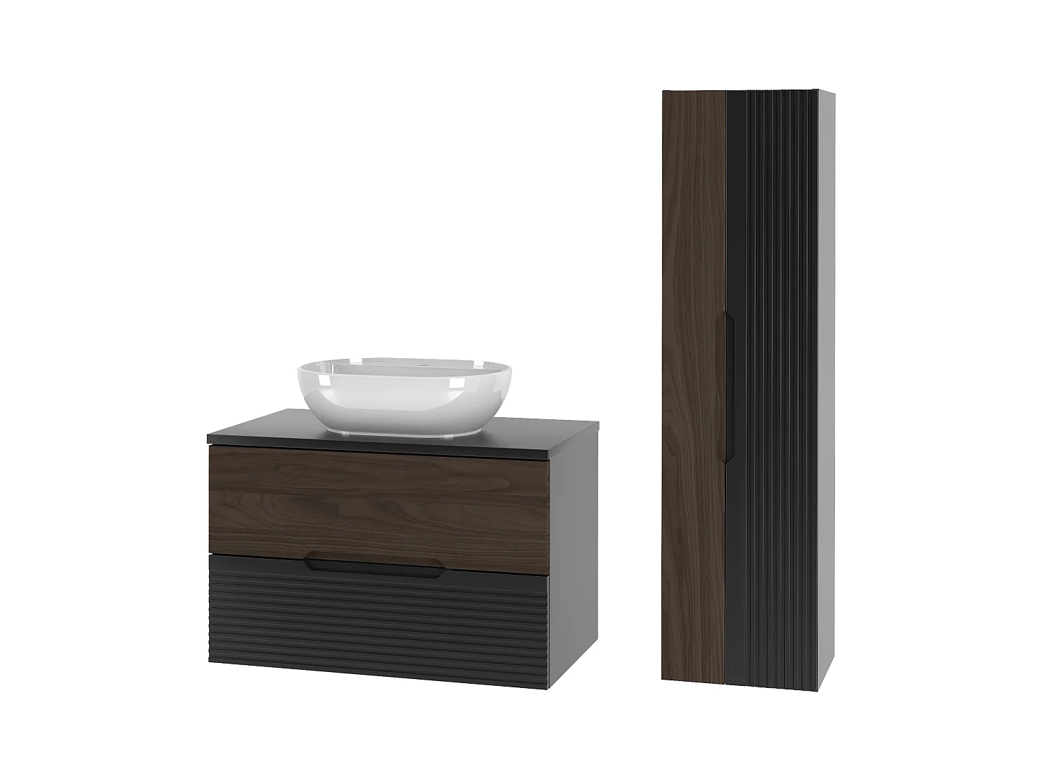 Ensemble de salle de bain 80 cm Meuble avec plan de travail Lavabo Colonne Noir mat / Noyer Avella