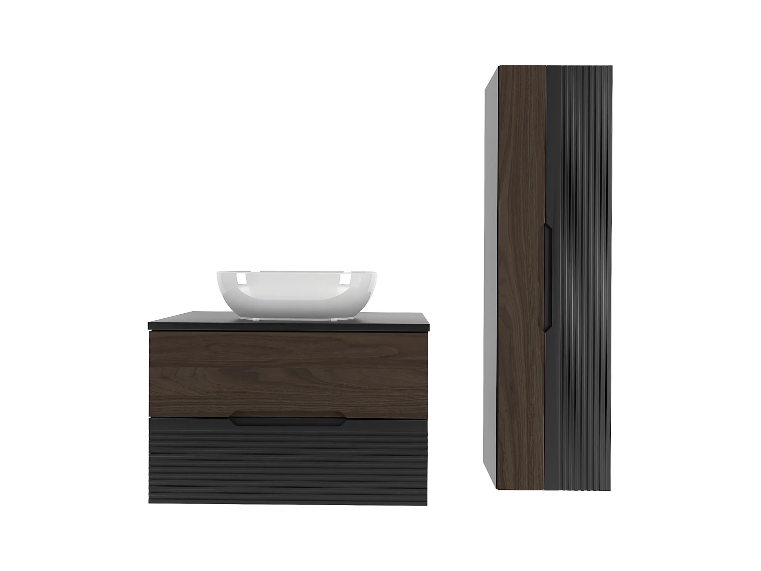 Ensemble de salle de bain 80 cm Meuble avec plan de travail Lavabo Colonne Noir mat / Noyer Avella
