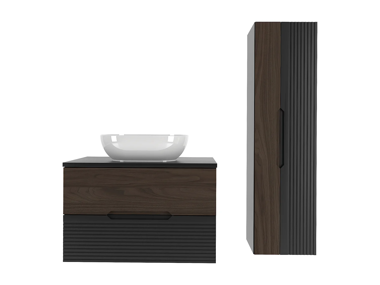 Ensemble de salle de bain 80 cm Meuble avec plan de travail Lavabo Colonne Noir mat / Noyer Avella