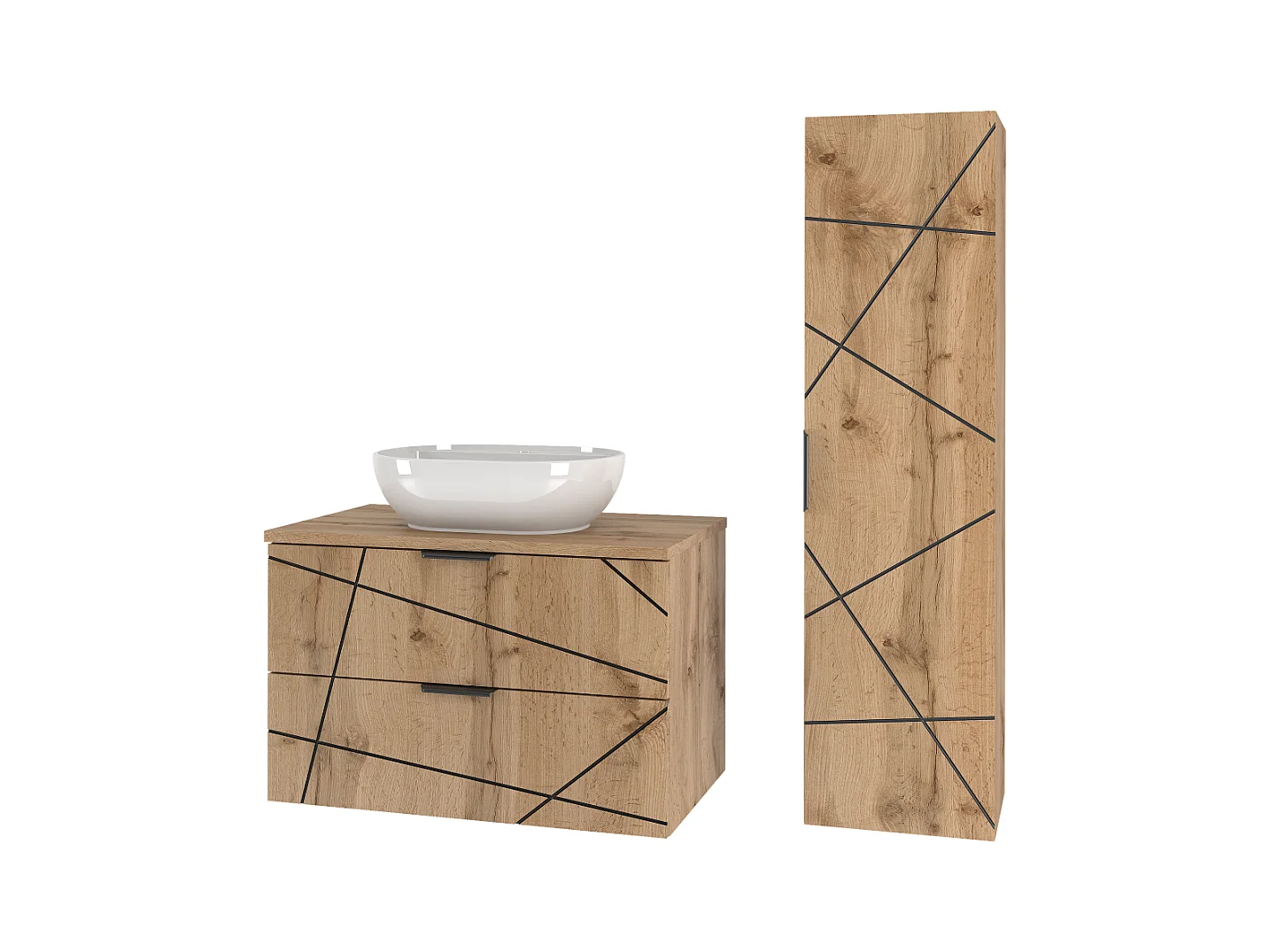 Ensemble de salle de bain 80 cm Armoire avec plan de travail Lavabo Colonne Chêne Wotan Wood