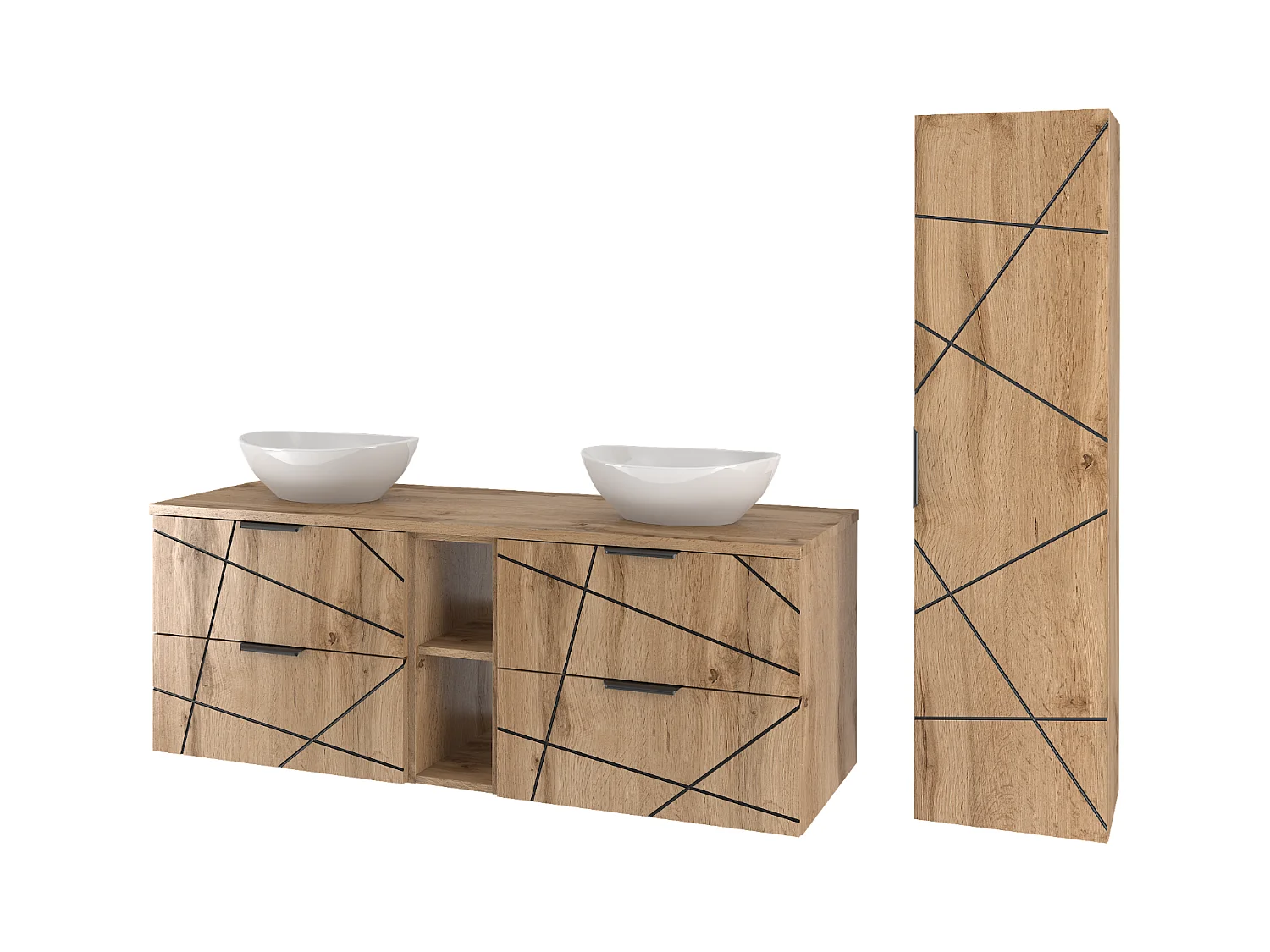 Ensemble de salle de bain 140 cm Armoire avec plan de travail Étagère Lavabo Colonne Chêne Wotan Wood