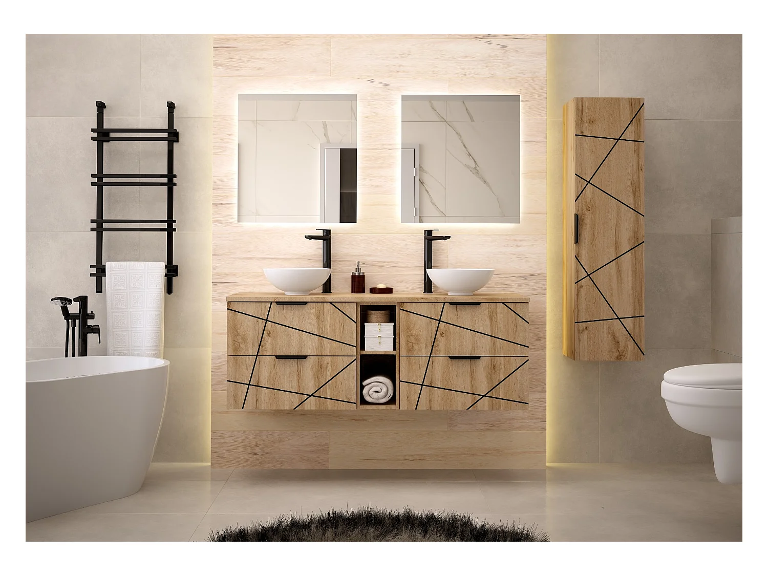 Ensemble de salle de bain 140 cm Armoire avec plan de travail Étagère Lavabo Colonne Chêne Wotan Wood
