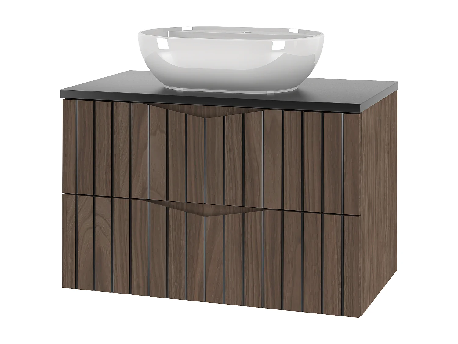 Ensemble de salle de bain 80 cm Armoire avec plan de travail Lavabo Façades rainurées Chêne Noyer Stella