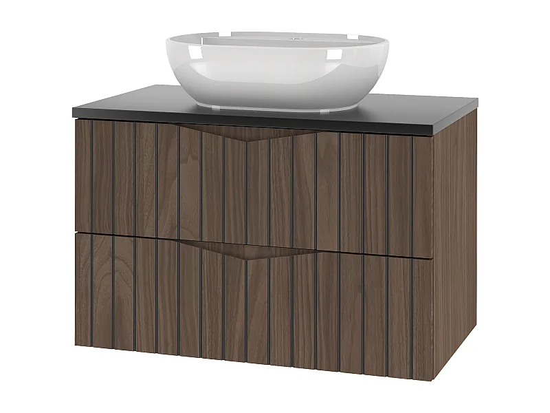 Ensemble de salle de bain 80 cm Armoire avec plan de travail Lavabo Façades rainurées Chêne Noyer Stella