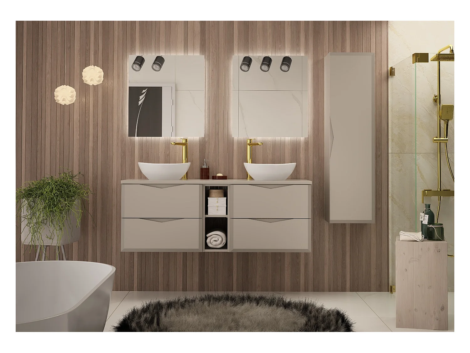 Ensemble de salle de bain en cachemire 140 cm Armoire avec plateau Étagère Lavabo Colonne Delica