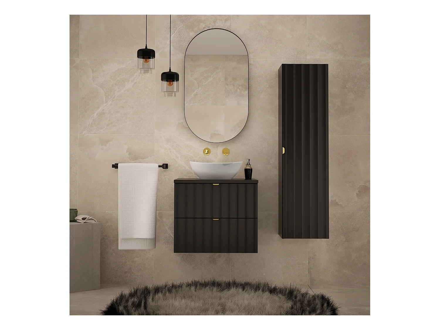Ensemble de salle de bain noir 60 cm Armoire avec plan de travail Lavabo Façades rainurées Arcos