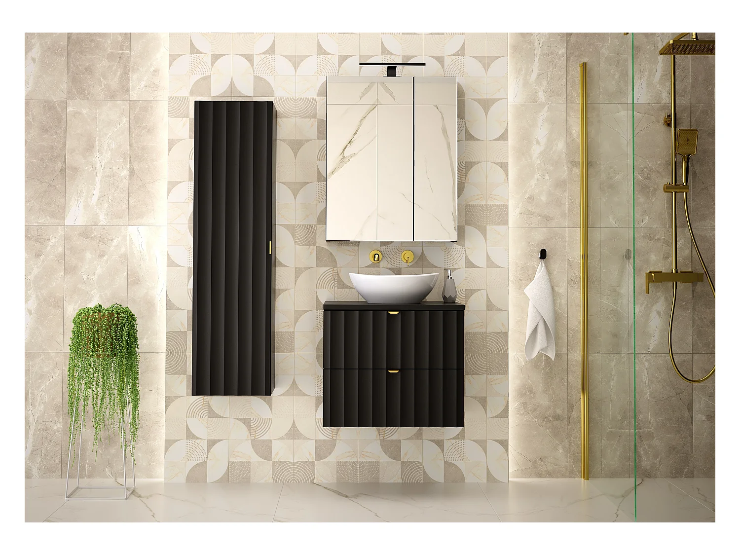 Ensemble de salle de bain noir 60 cm Armoire avec plan de travail Lavabo Façades rainurées Arcos