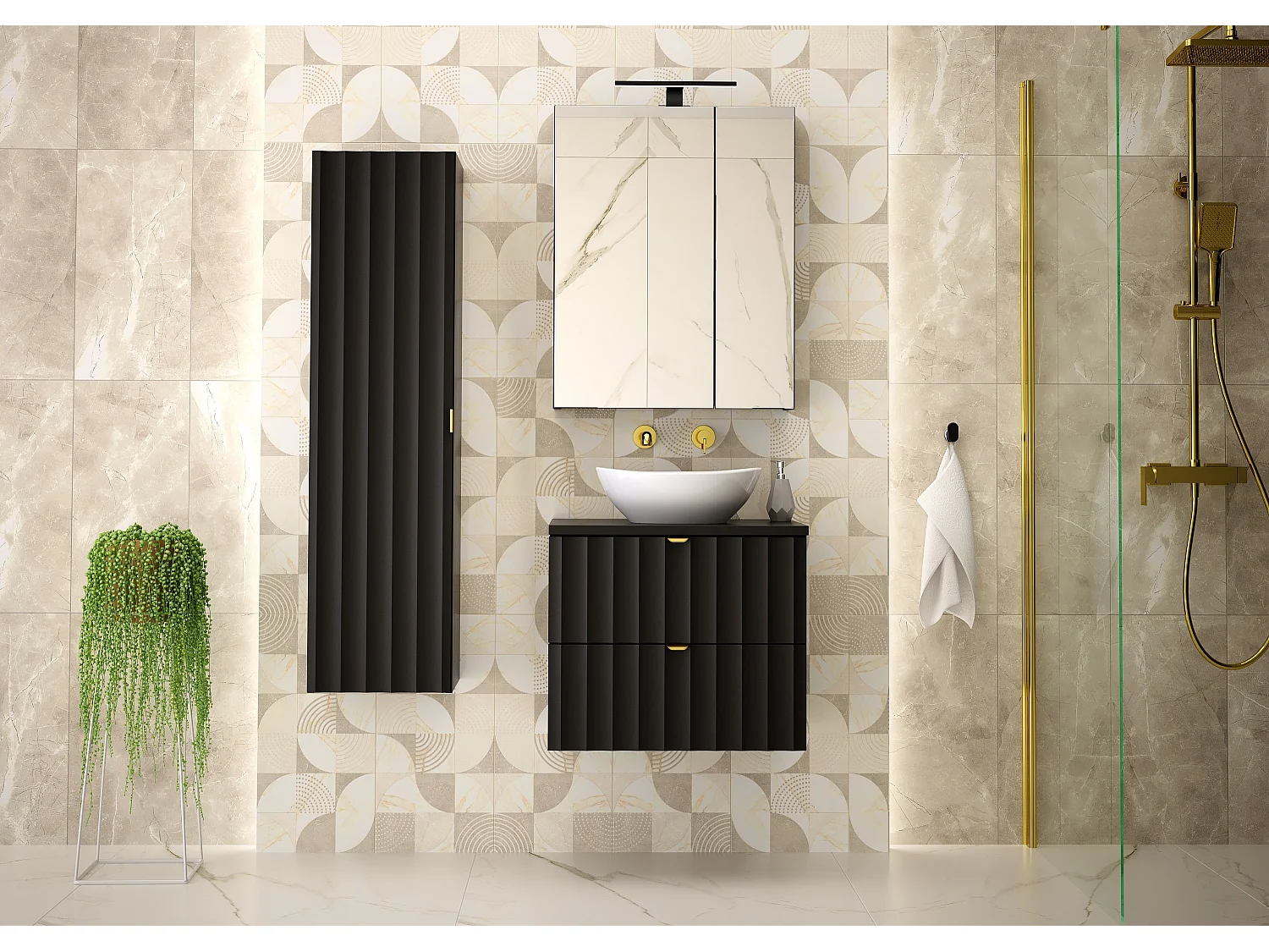 Ensemble de salle de bain noir 60 cm Armoire avec plan de travail Lavabo Façades rainurées Arcos