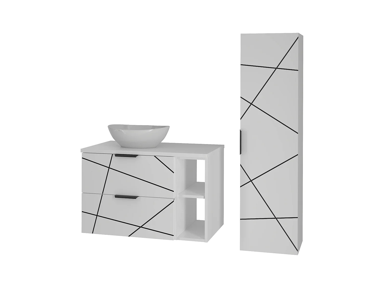 Badezimmer-Set 80 cm Schrank mit Arbeitsplatte und Regal und Waschbecken und Hochschrank Weiß Matt Wood