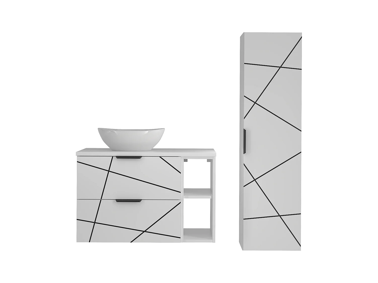 Badezimmer-Set 80 cm Schrank mit Arbeitsplatte und Regal und Waschbecken und Hochschrank Weiß Matt Wood