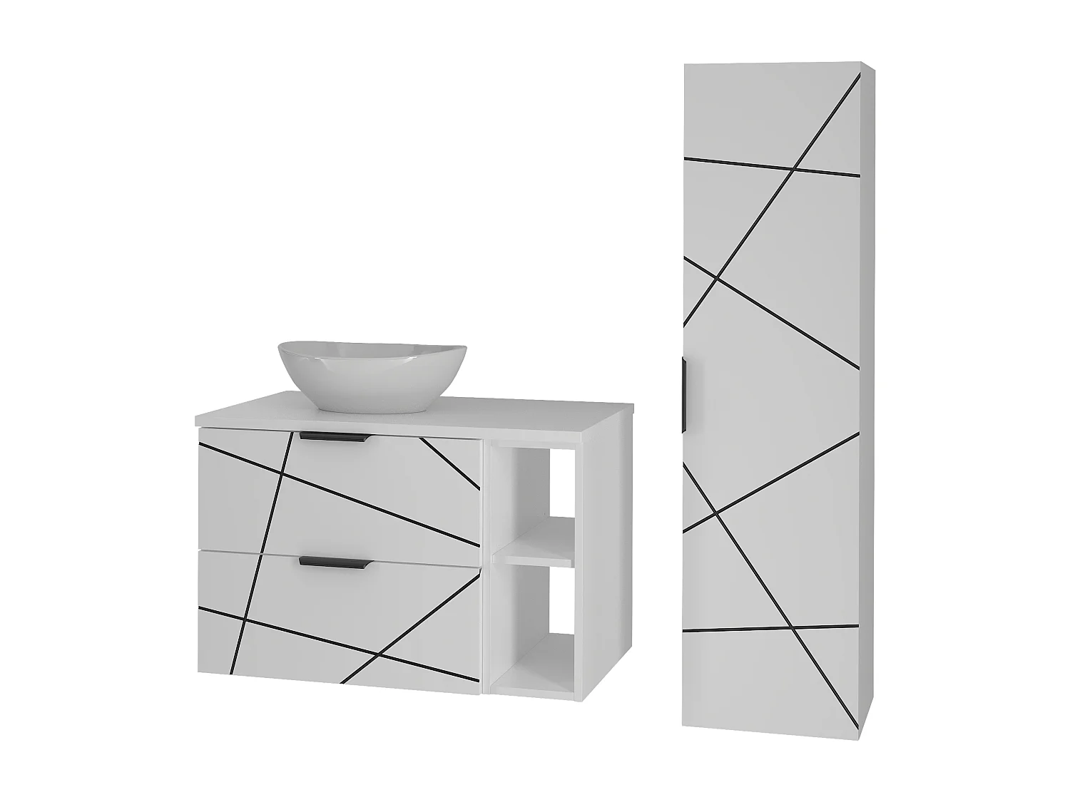 Badezimmer-Set 80 cm Schrank mit Arbeitsplatte und Regal und Waschbecken und Hochschrank Weiß Matt Wood