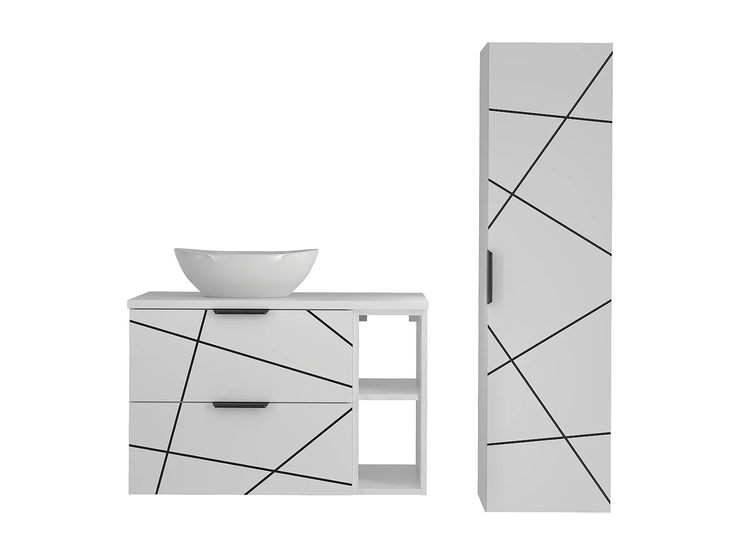 Badezimmer-Set 80 cm Schrank mit Arbeitsplatte und Regal und Waschbecken und Hochschrank Weiß Matt Wood