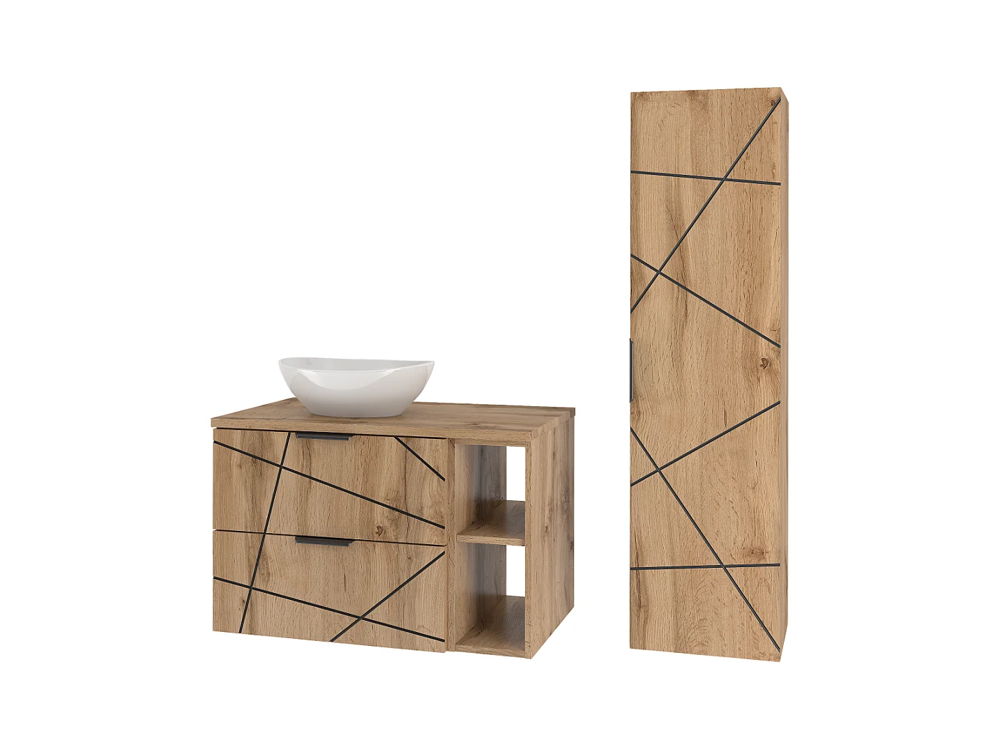 Ensemble de salle de bain 80 cm Armoire avec plateau Étagère Lavabo Colonne Chêne Wotan Wood