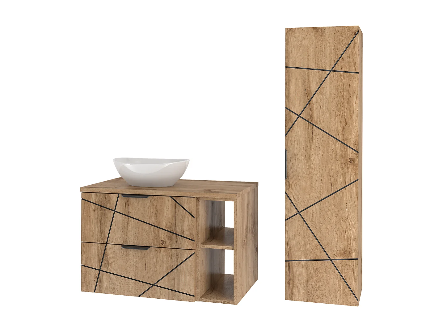 Ensemble de salle de bain 80 cm Armoire avec plateau Étagère Lavabo Colonne Chêne Wotan Wood