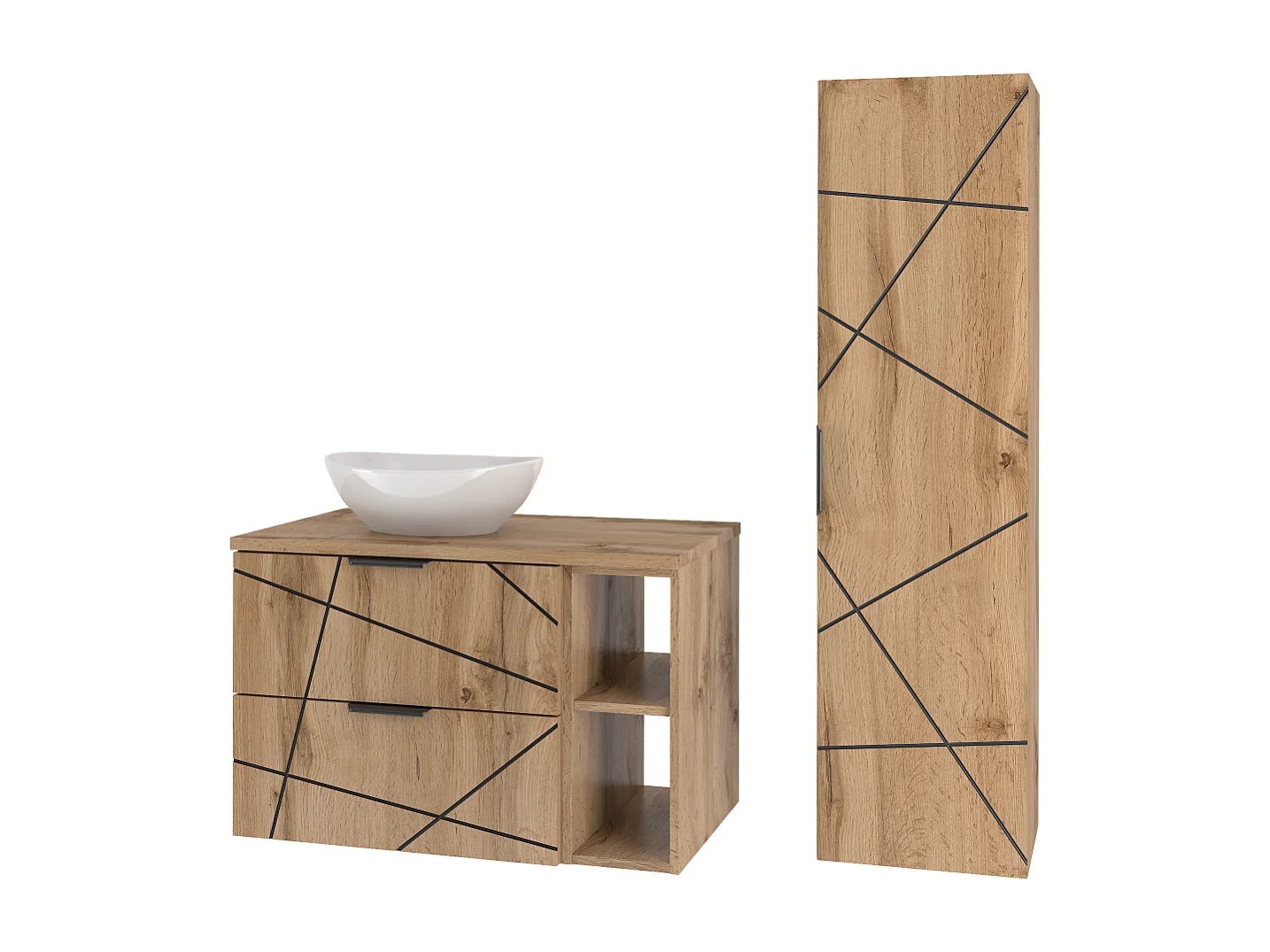 Ensemble de salle de bain 80 cm Armoire avec plateau Étagère Lavabo Colonne Chêne Wotan Wood