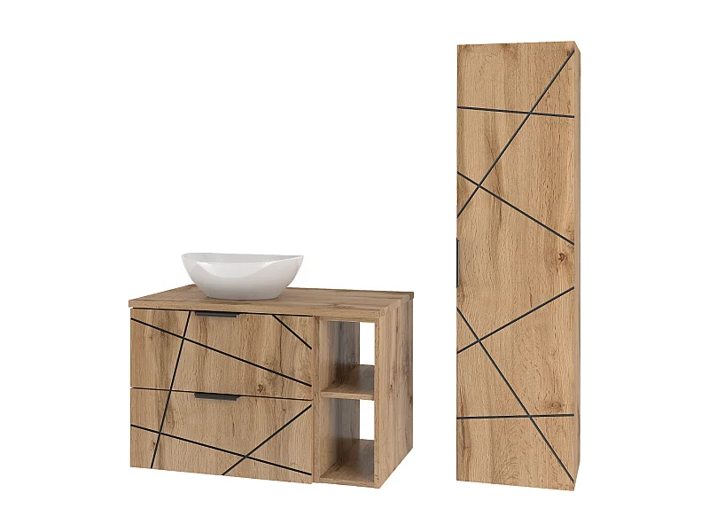 Ensemble de salle de bain 80 cm Armoire avec plateau Étagère Lavabo Colonne Chêne Wotan Wood