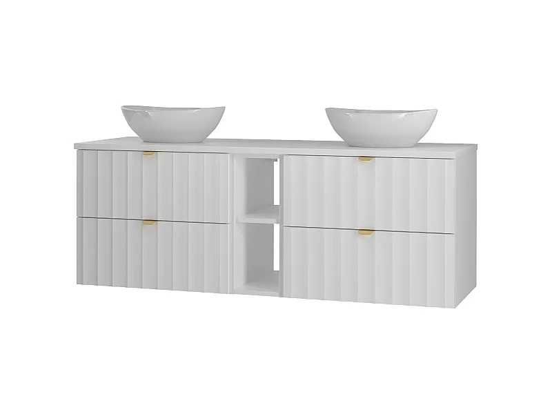 Weiß Badezimmer Set 140cm Schrank und Regal mit Arbeitsplatte und Waschbecken Geriffelte Fronten Arcos