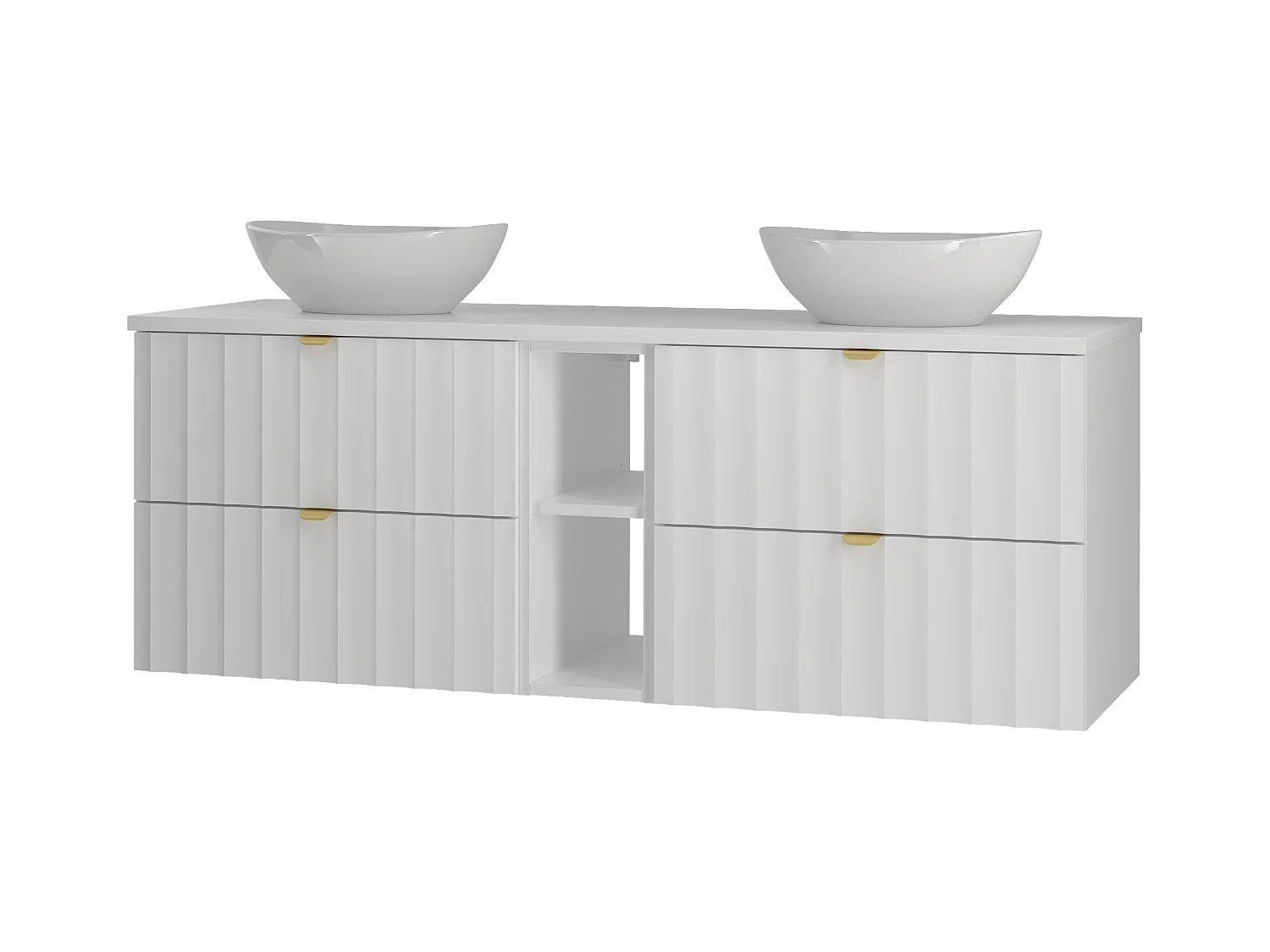 Weiß Badezimmer Set 140cm Schrank und Regal mit Arbeitsplatte und Waschbecken Geriffelte Fronten Arcos