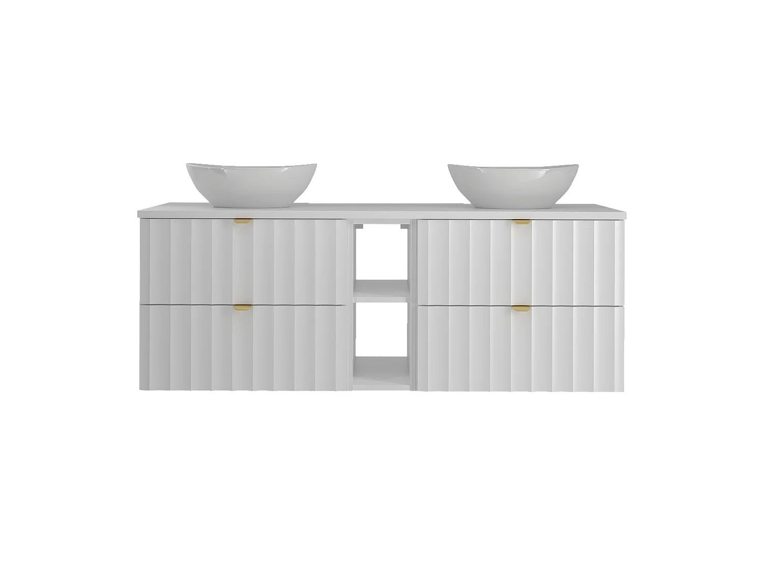 Weiß Badezimmer Set 140cm Schrank und Regal mit Arbeitsplatte und Waschbecken Geriffelte Fronten Arcos