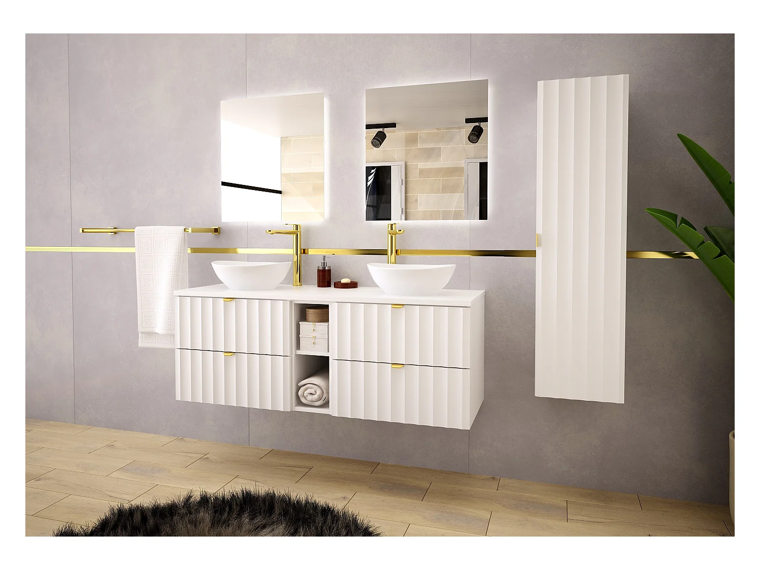 Weiß Badezimmer Set 140cm Schrank und Regal mit Arbeitsplatte und Waschbecken Geriffelte Fronten Arcos