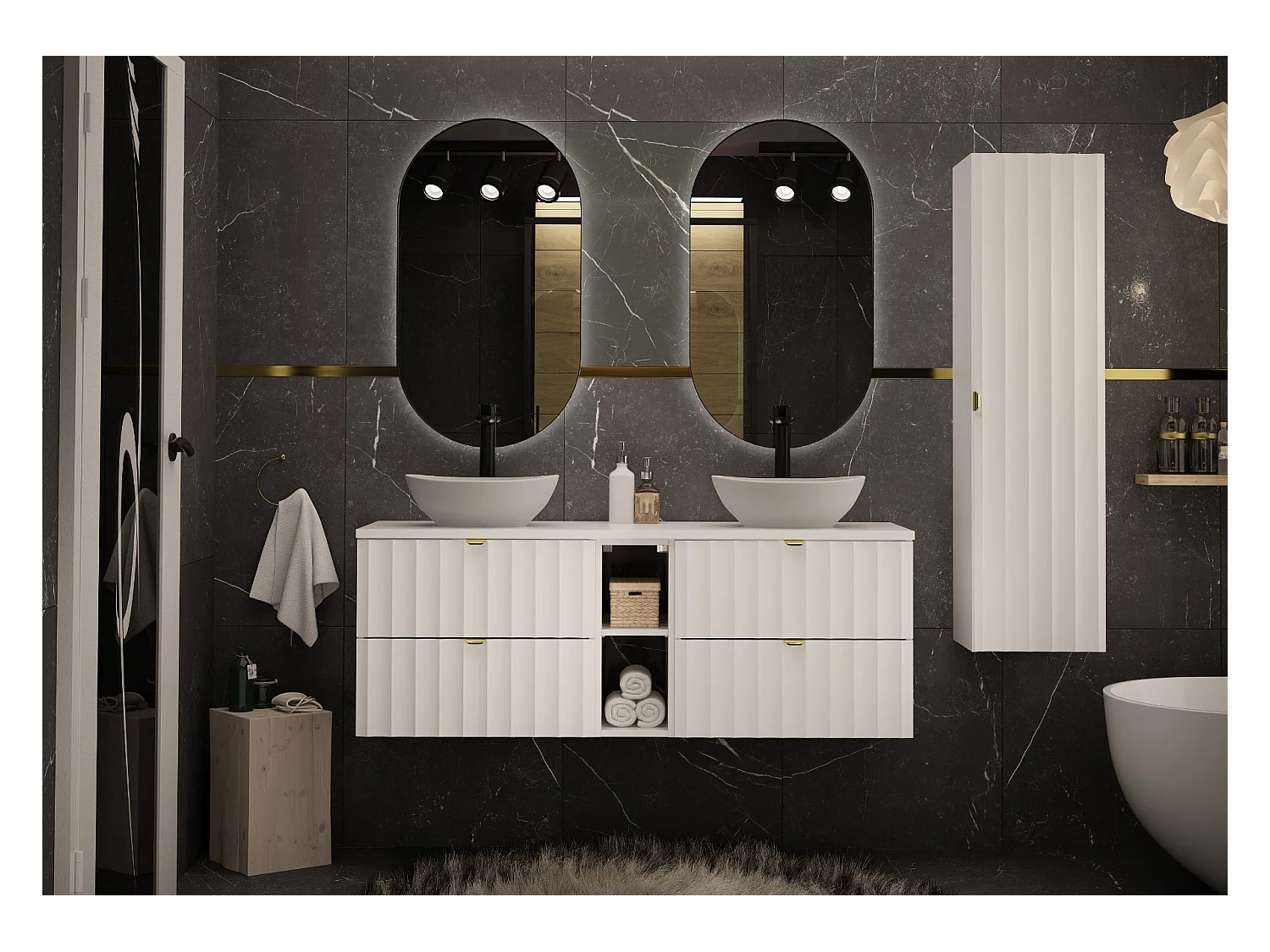 Ensemble de salle de bain blanc 140 cm Armoire avec plateau Étagère Lavabo Façades rainurées Arcos