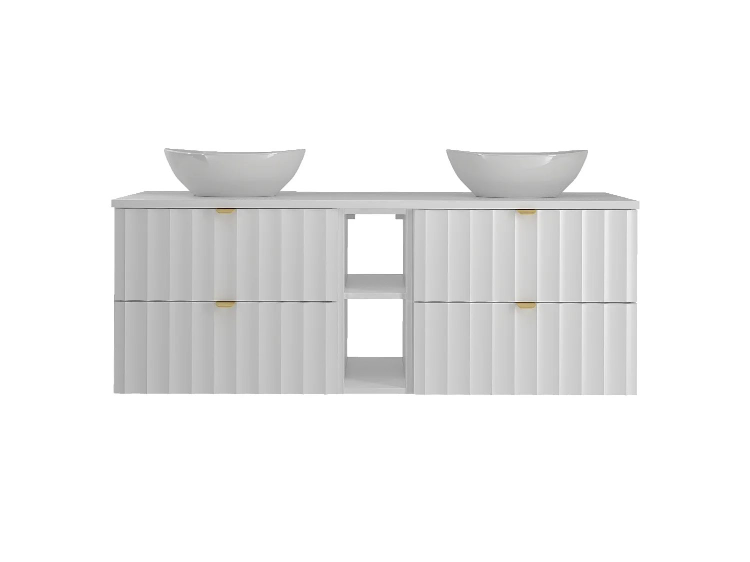 Ensemble de salle de bain blanc 140 cm Armoire avec plateau Étagère Lavabo Façades rainurées Arcos