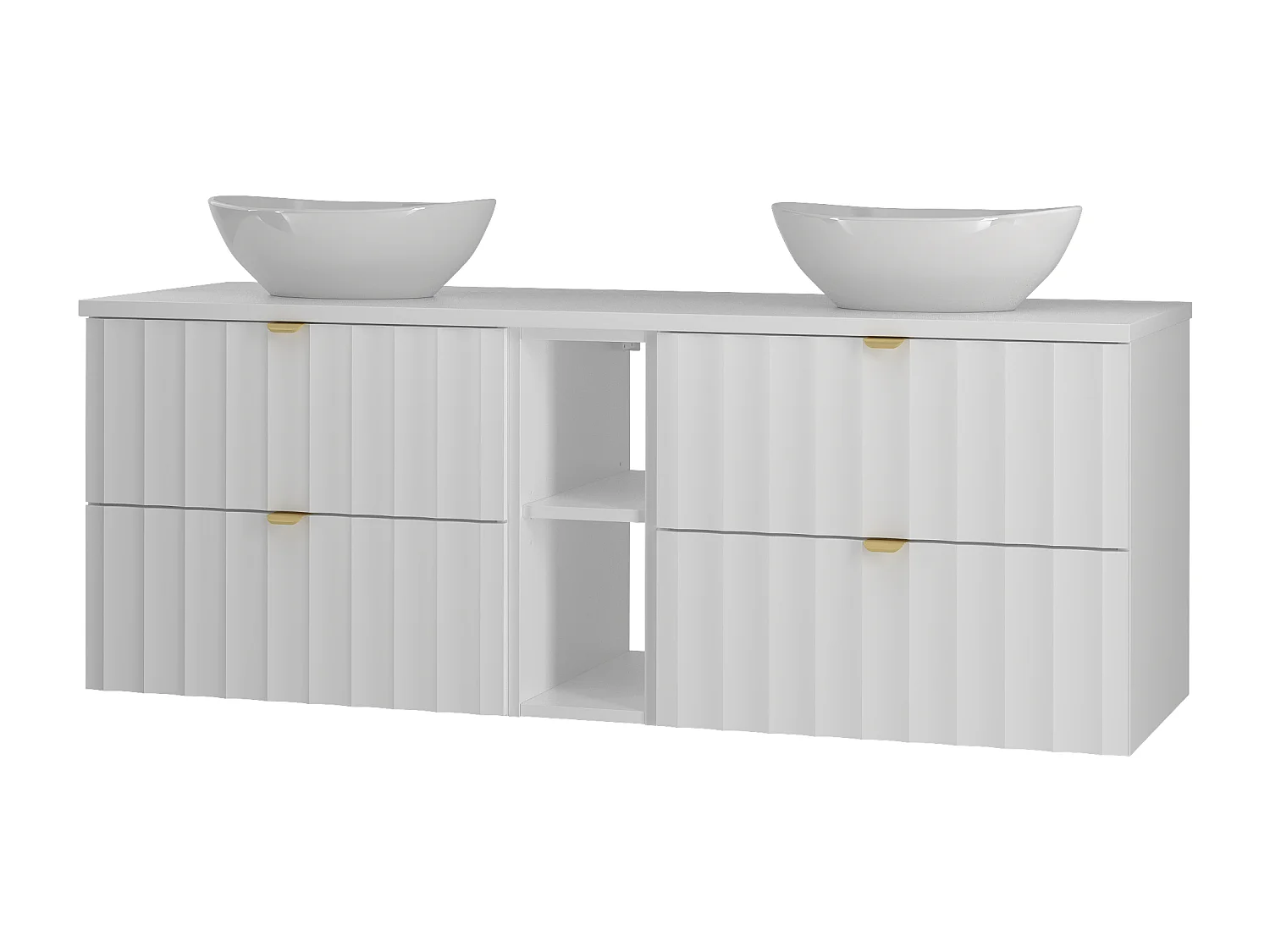 Ensemble de salle de bain blanc 140 cm Armoire avec plateau Étagère Lavabo Façades rainurées Arcos