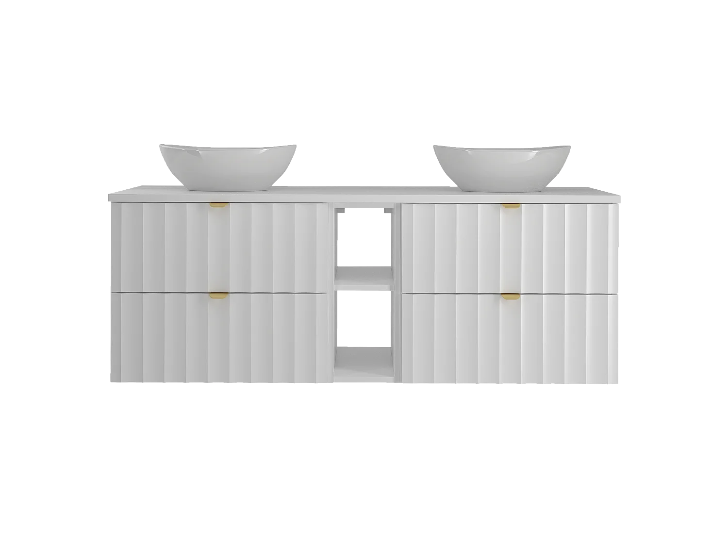 Ensemble de salle de bain blanc 140 cm Armoire avec plateau Étagère Lavabo Façades rainurées Arcos