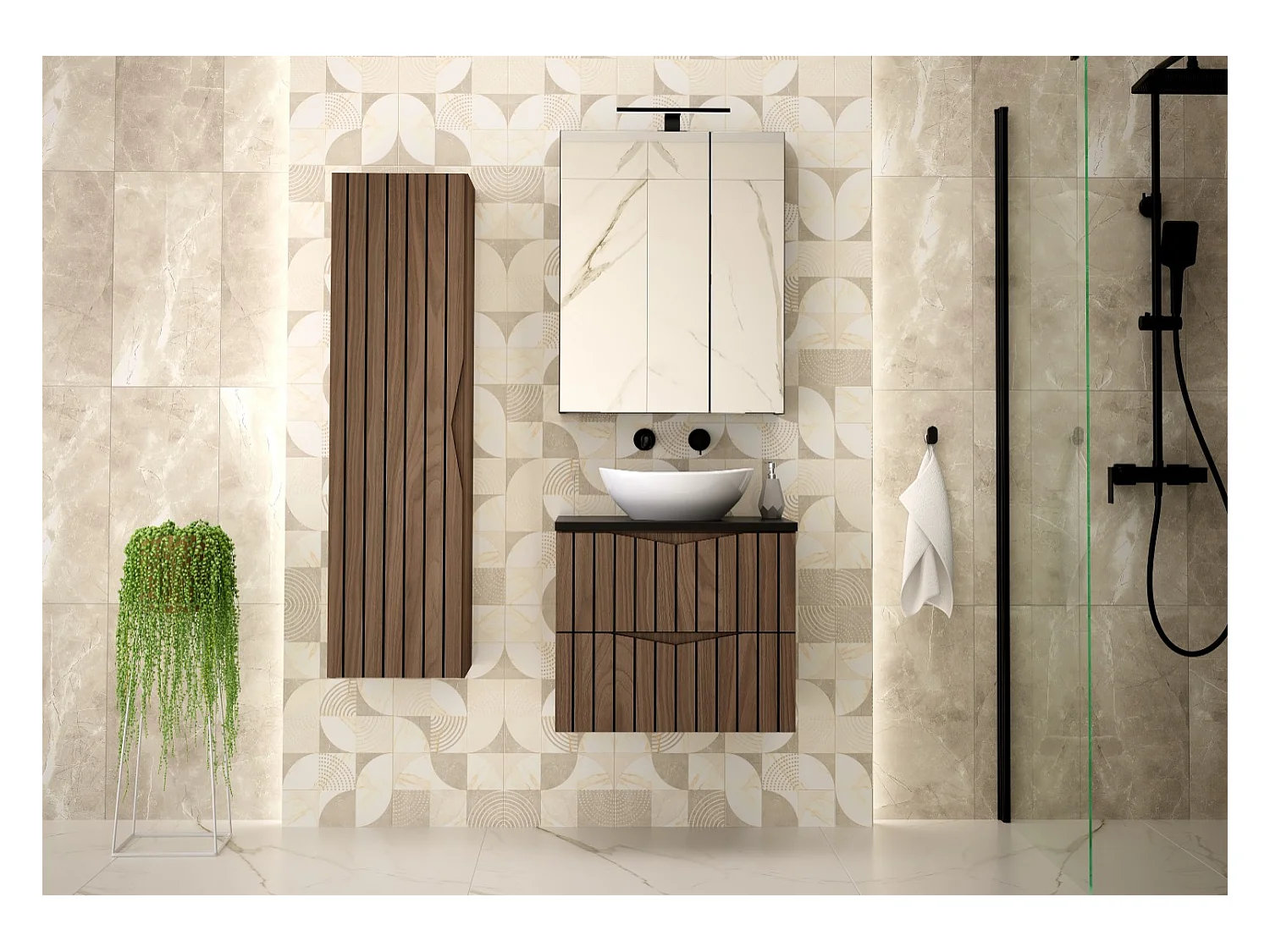 Ensemble de salle de bain 60 cm Armoire avec plan de travail Lavabo Façades rainurées Chêne Noyer Stella