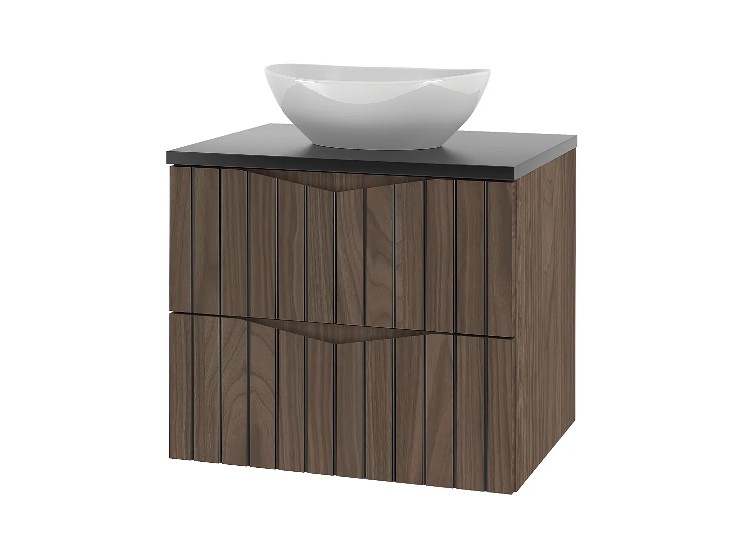 Badezimmer-Set 60 cm Schrank mit Waschtischplatte und Waschbecken Geriffelte Fronten Eiche Nussbaum Stella